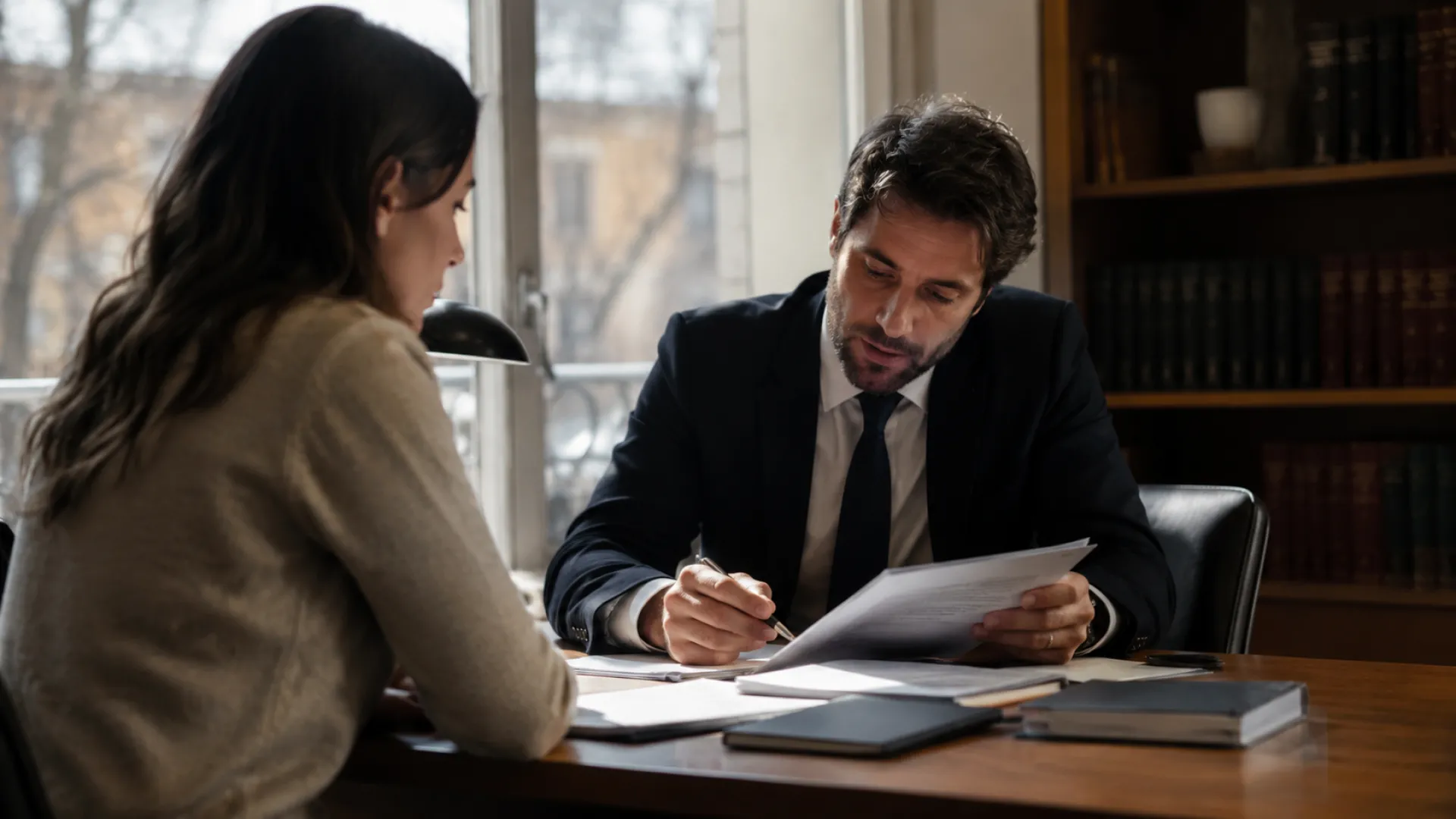 Abogado revisa una escritura rechazada junto a un cliente en una oficina jurídica en Chile.