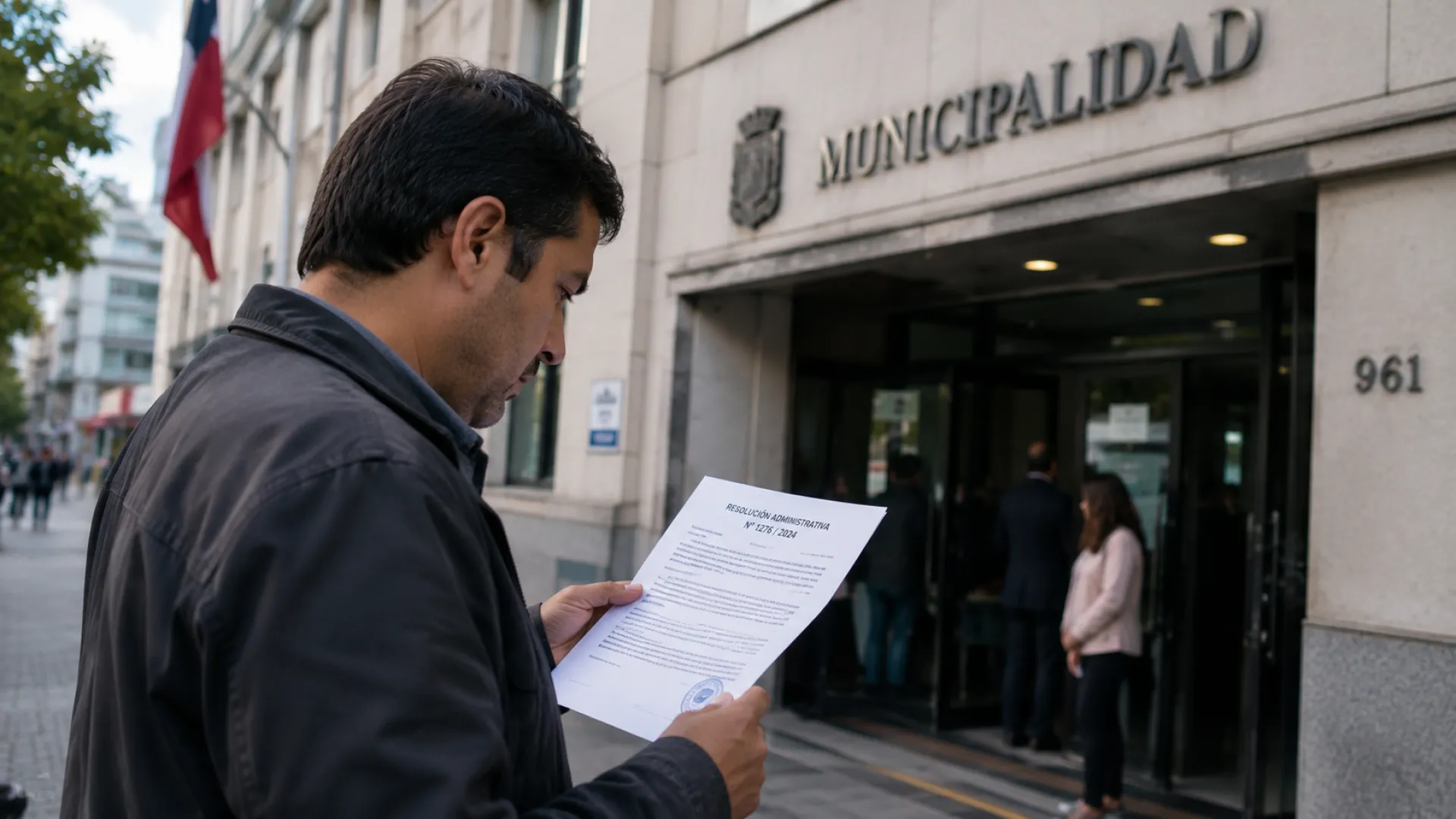 Ciudadano frente a una municipalidad mientras analiza una resolución administrativa cuestionada.